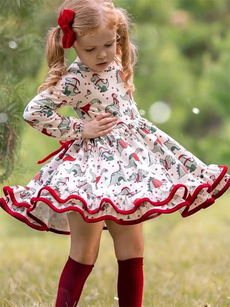 dinosaur christmas dress white christmas dresses Christmas Dinosaur Dress with Pockets