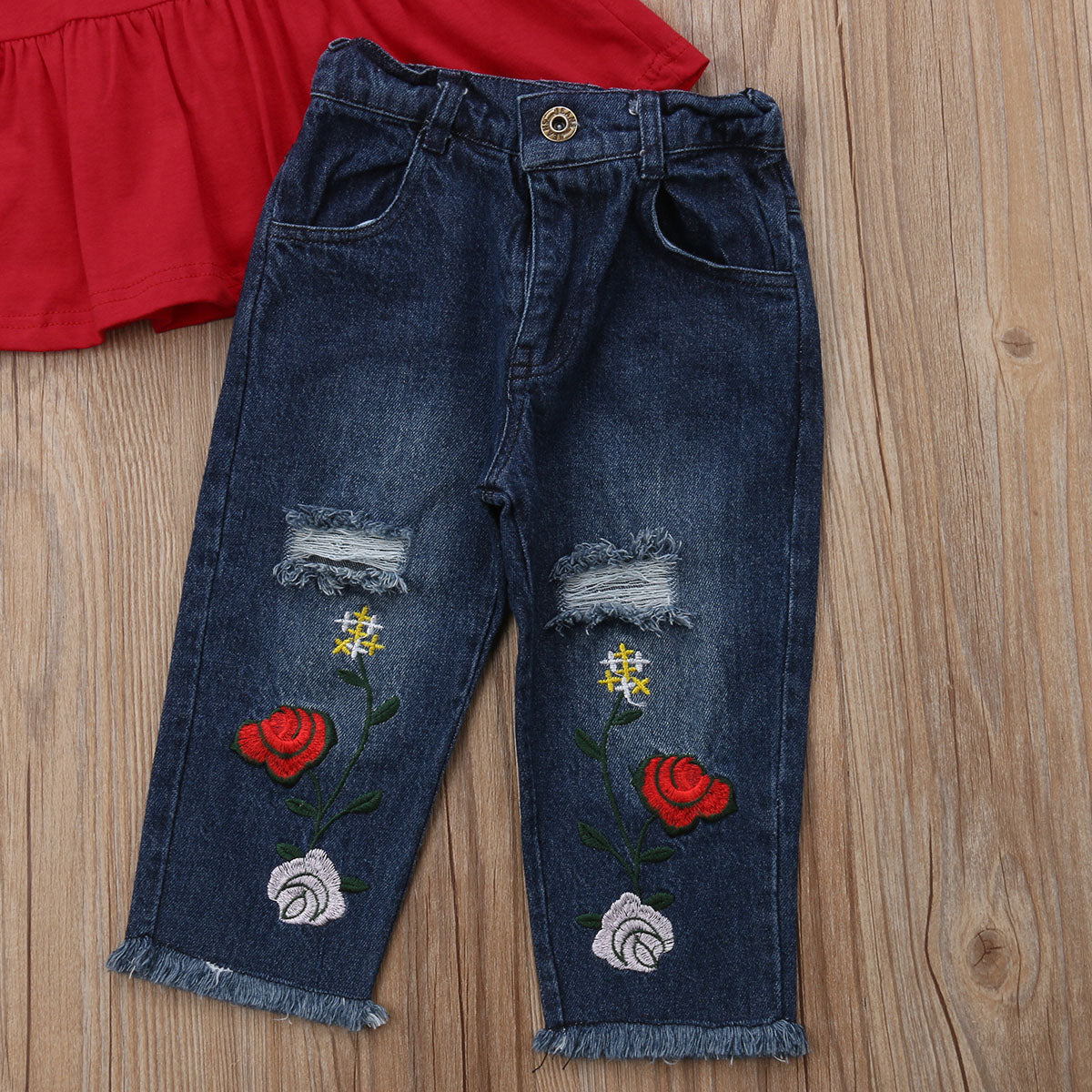 Sienna Petal Sleeve Top & Embroidery Denim Pant Set - Abby Apples Boutique