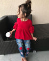 Sienna Petal Sleeve Top & Embroidery Denim Pant Set