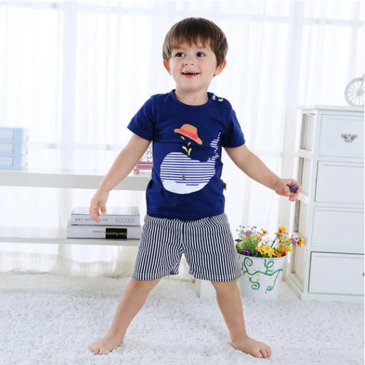 Boys Blue Striped Whale Short Set